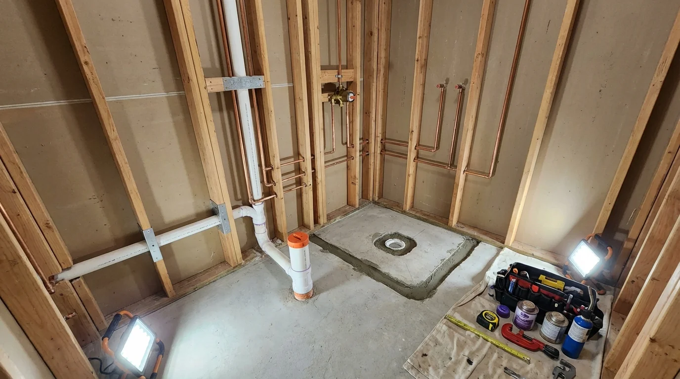 Bathroom rough-in plumbing during remodel by Johns Plumbing LLC in Terra Bella