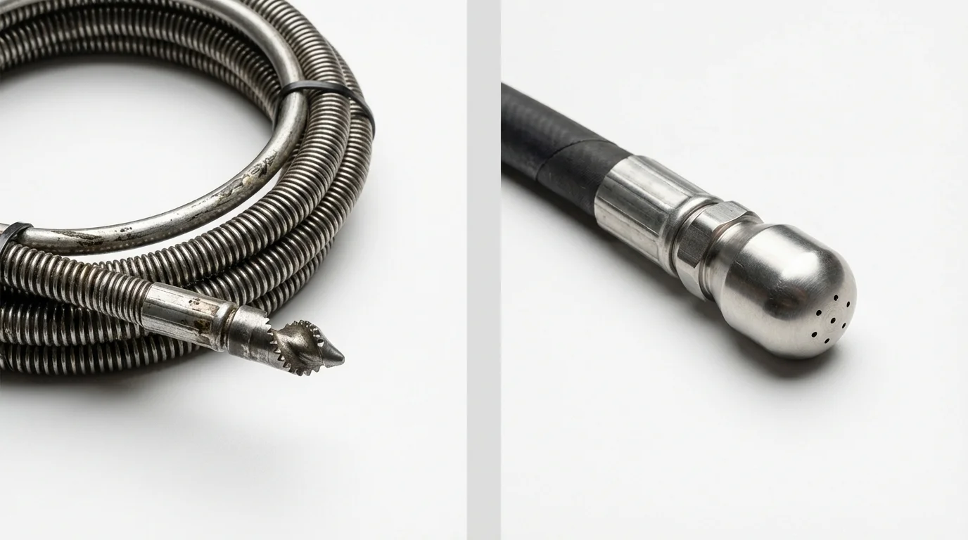 Drain snake cable and hydro jetting nozzle used for drain cleaning in Terra Bella, CA