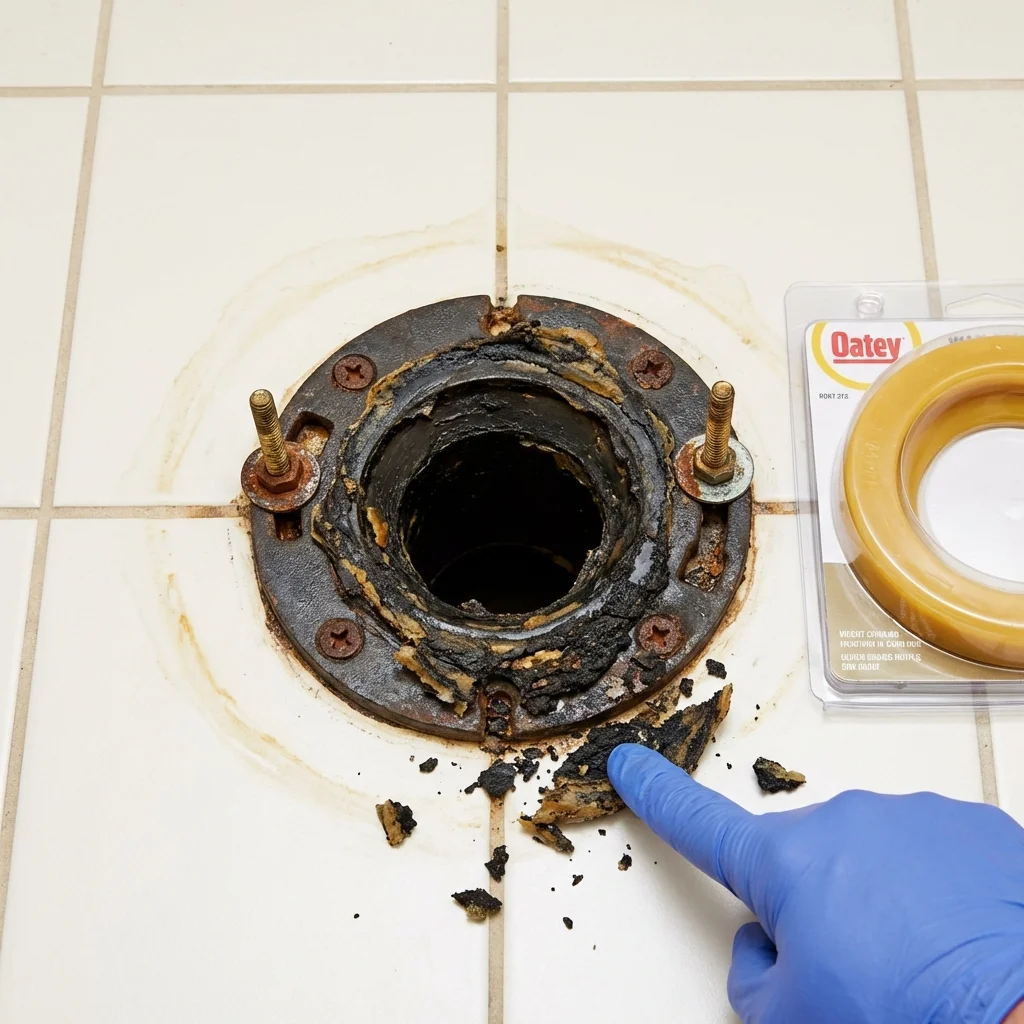 Failed wax ring showing water seepage at the base of a toilet in a Terra Bella, CA home