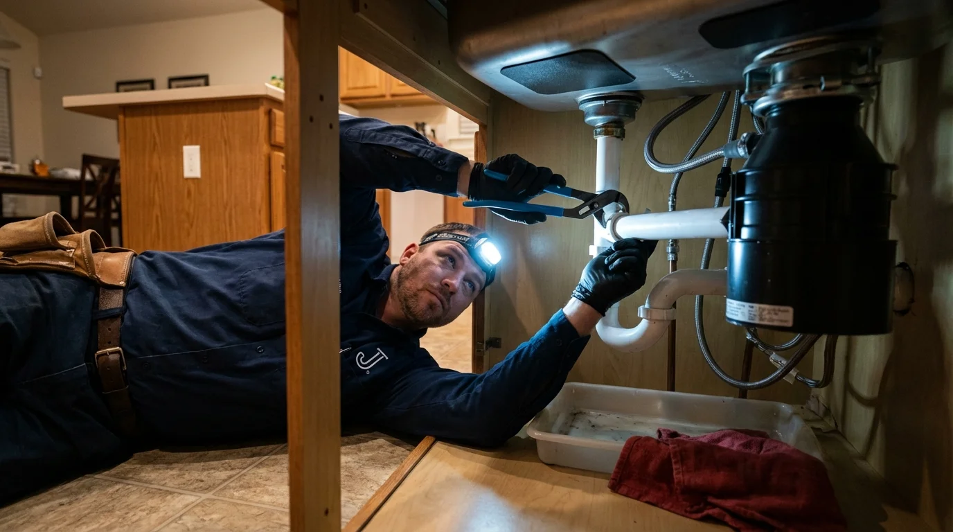 P-trap and supply line connections under a kitchen sink showing a common leak point in Terra Bella, CA